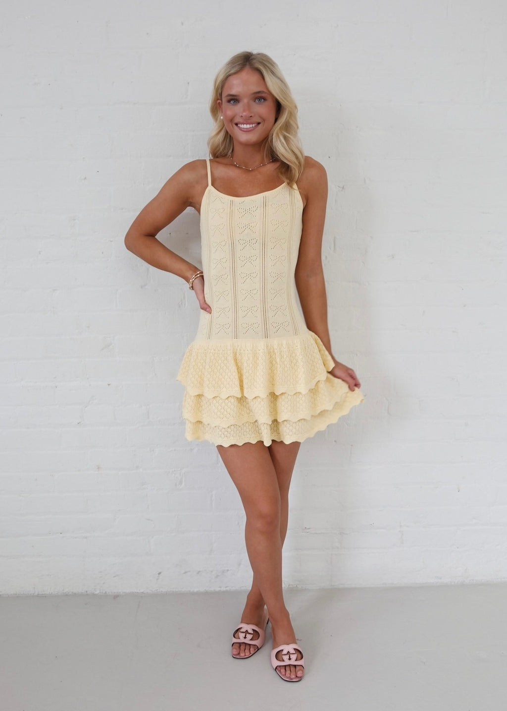 Daisy Hand Embroidered Cotton Tiered Self Check Dress Yellow