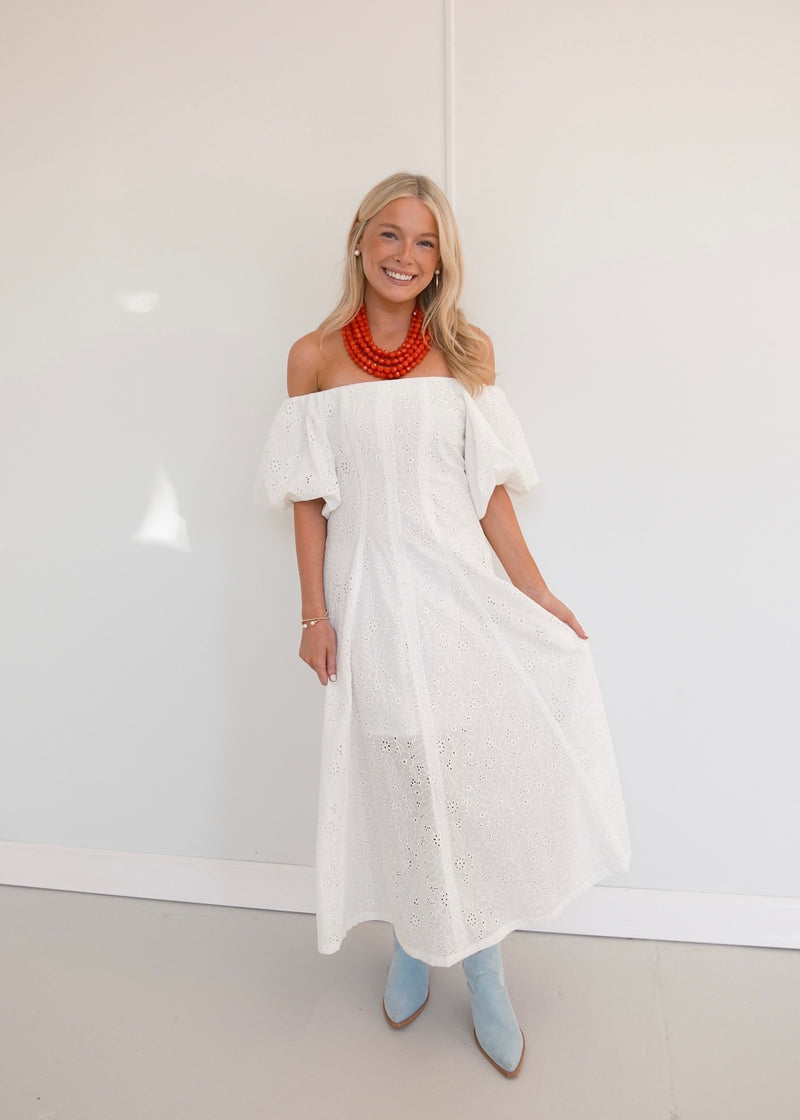 eyelet off the shoulder midi dress Eyelet Off-The-Shoulder Midi Dress