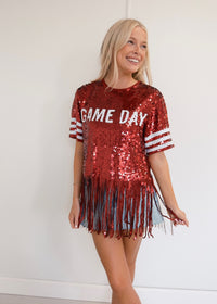 Gameday Fringe Sequin Top - Crimson