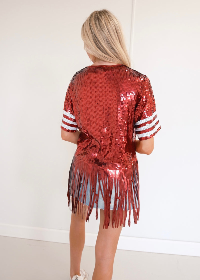 Gameday Fringe Sequin Top - Crimson