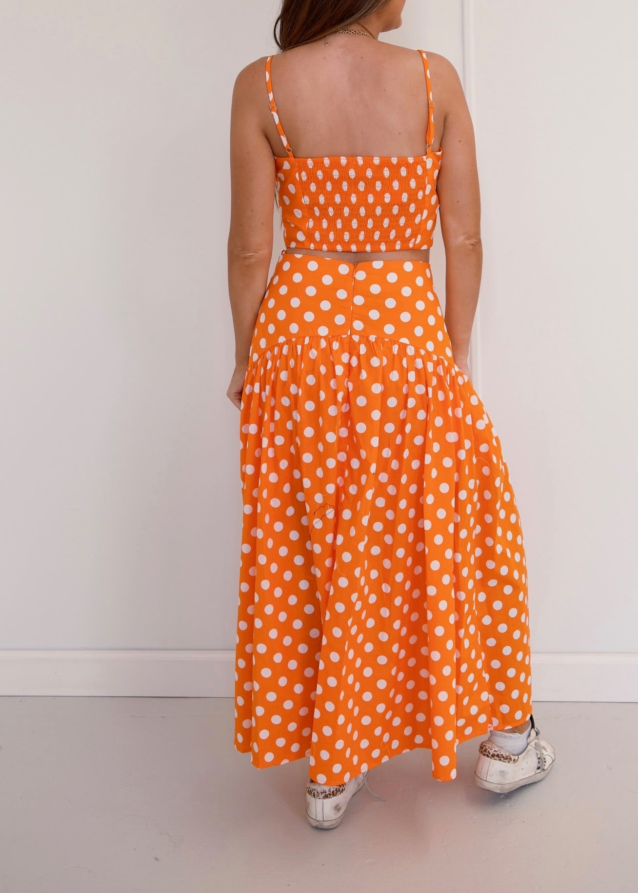 orange dress with white polka dots Buy Cotton Rayon A-Line Spaghetti Online for Woman Step into effortless elegance with our Womens Short Sleeve Dress Marilyn Set - Orange/White Polka