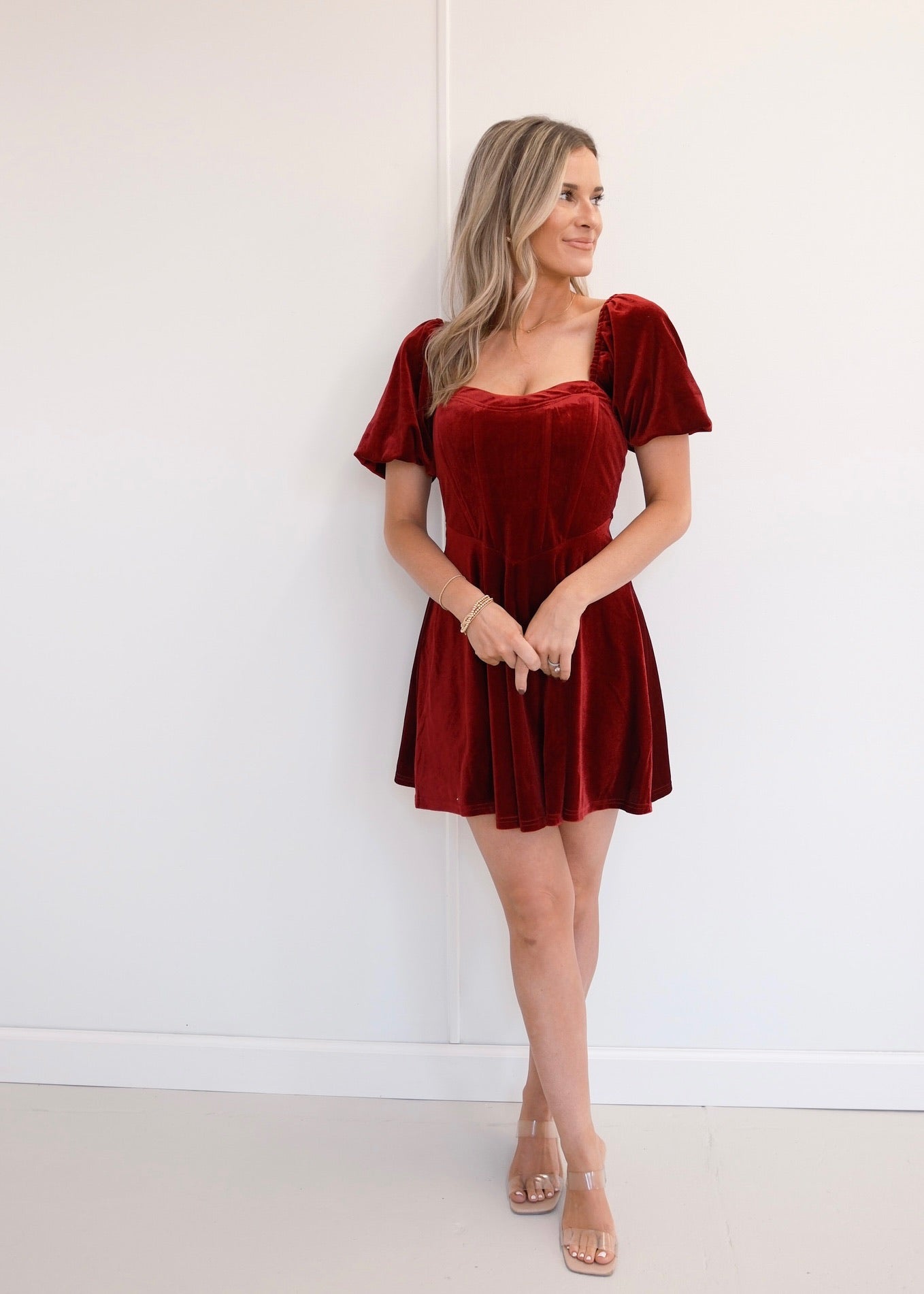 velvet red mini dress Velvet Puff Sleeve Mini Dress