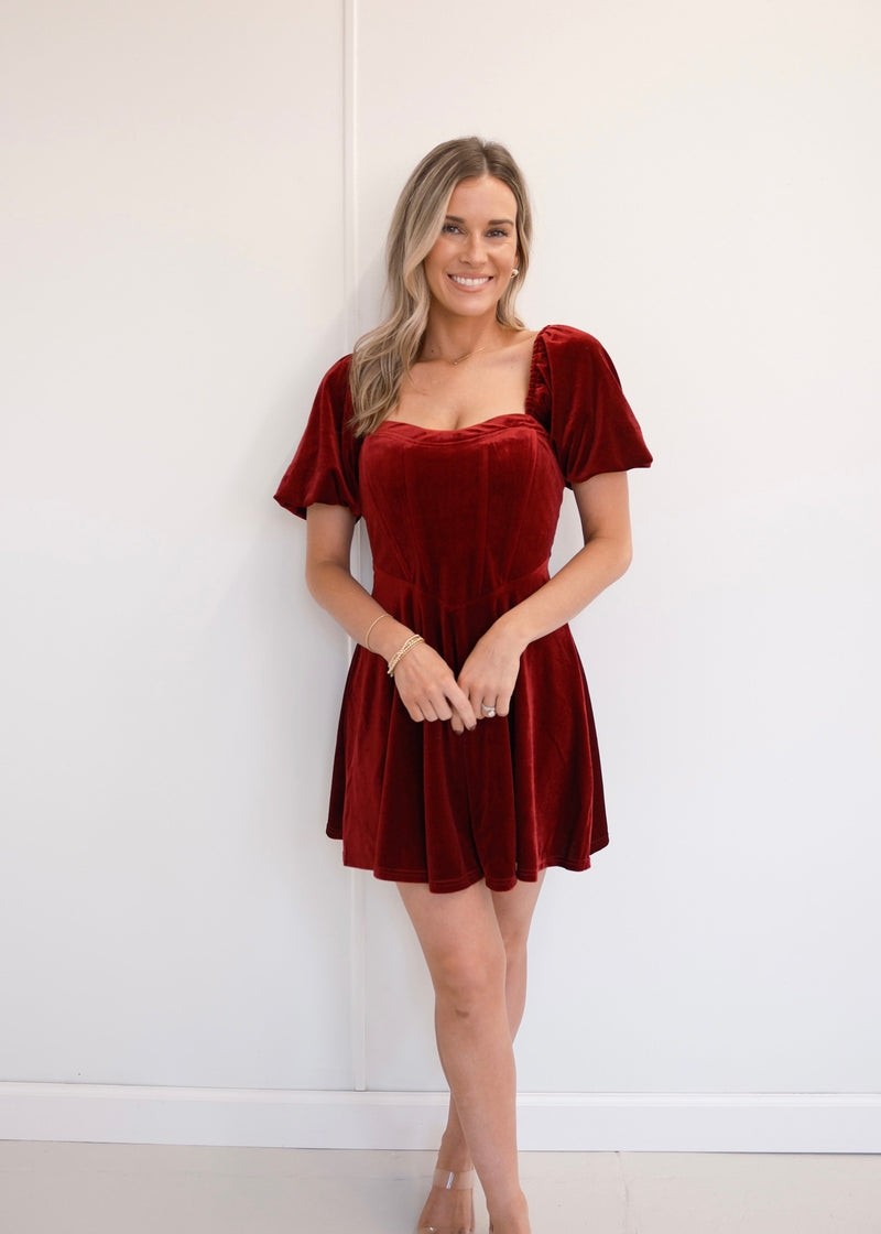 Velvet Puff Sleeve Mini Dress - Burgundy Indie Collection Velvet Puff Sleeve Mini Dress - Burgundy Indie Collection