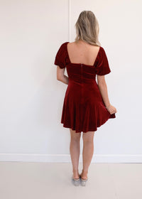 Velvet Puff Sleeve Mini Dress - Burgundy