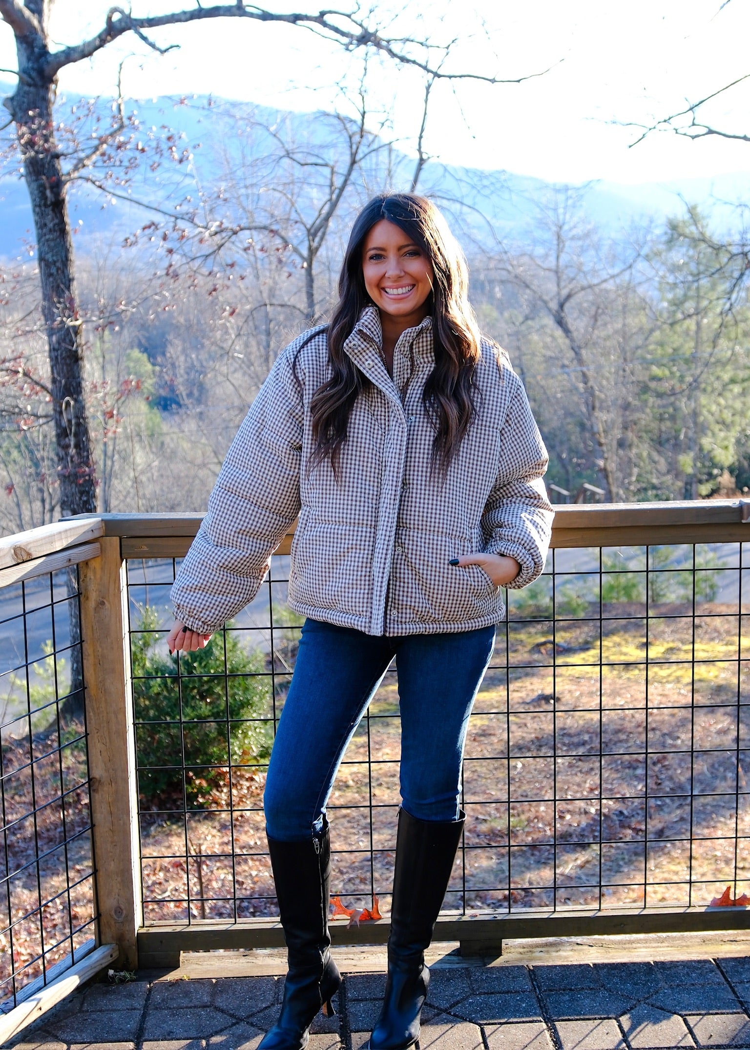 Brown Gingham Puffer Jacket
