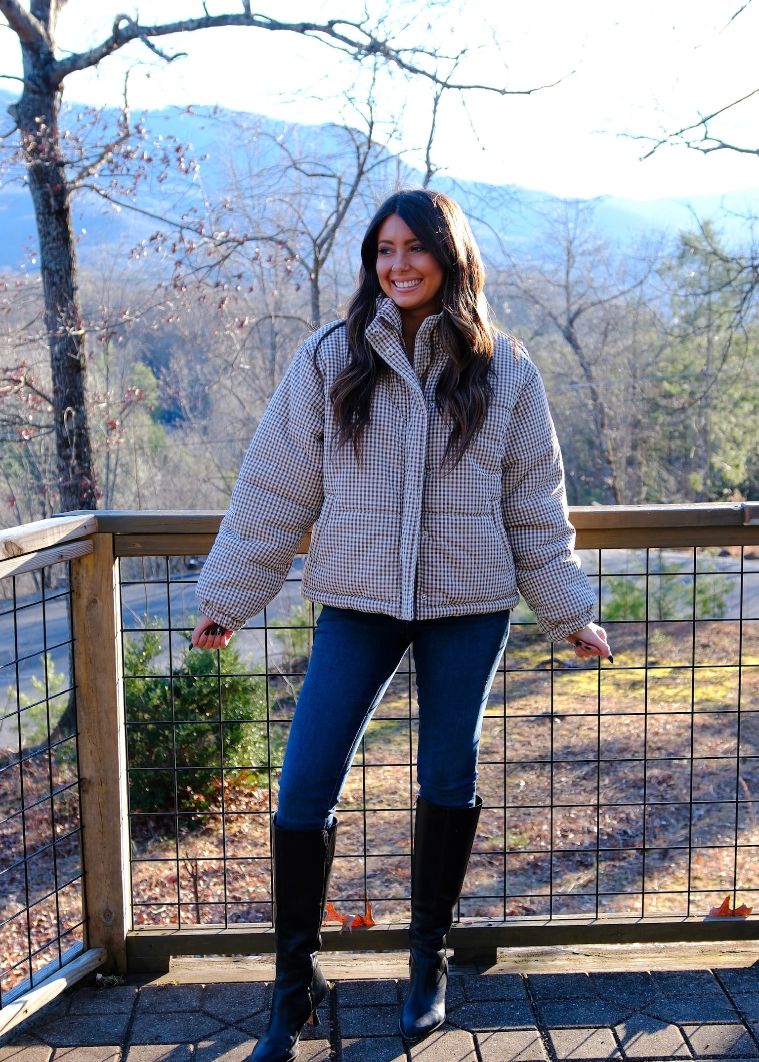 Brown Gingham Puffer Jacket