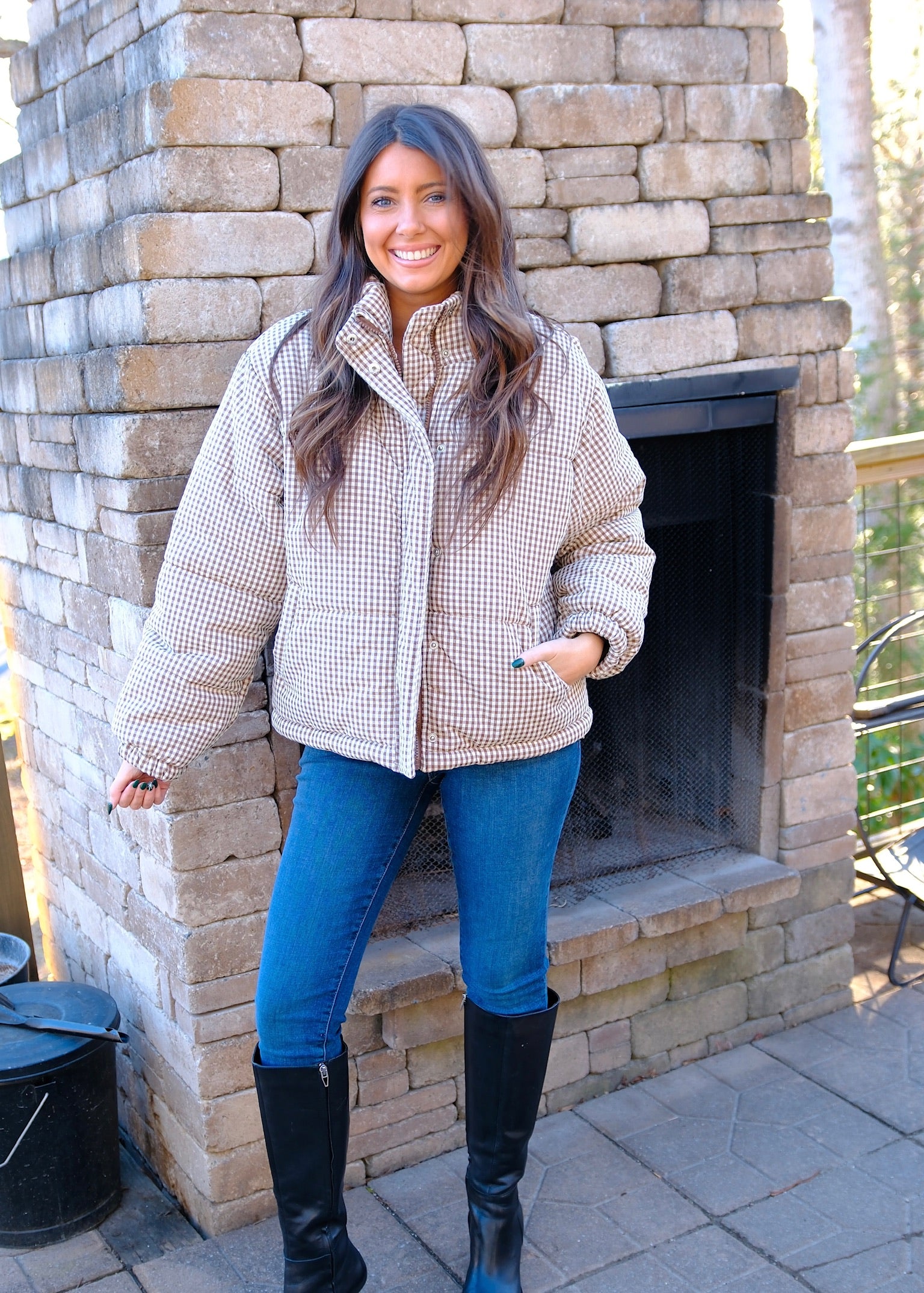 Brown Gingham Puffer Jacket