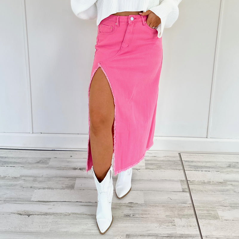 Pink Denim Rhinestone Skirt