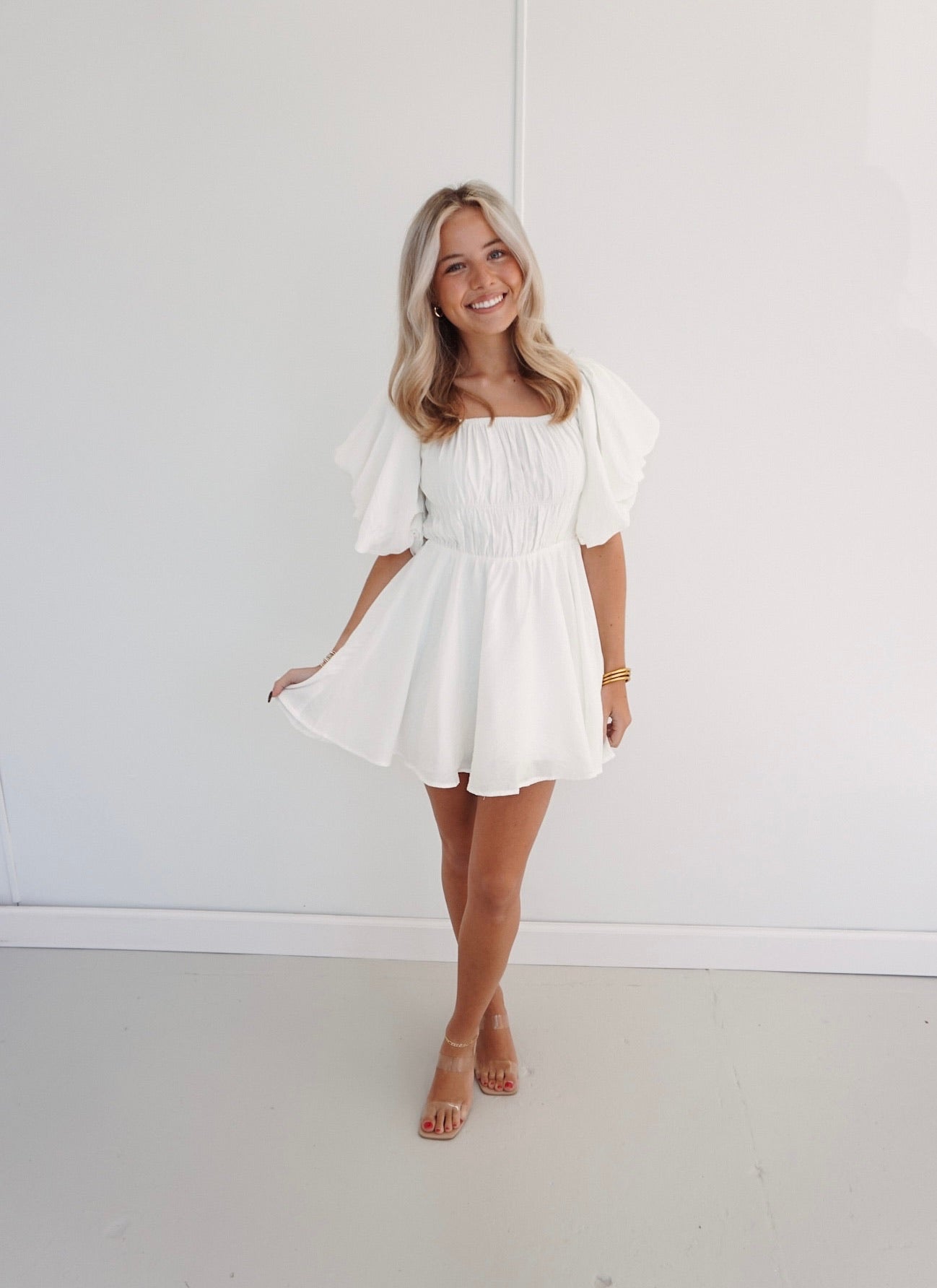babydoll cocktail dress with sleeves White Puff Sleeve Jacquard Babydoll Dress Large