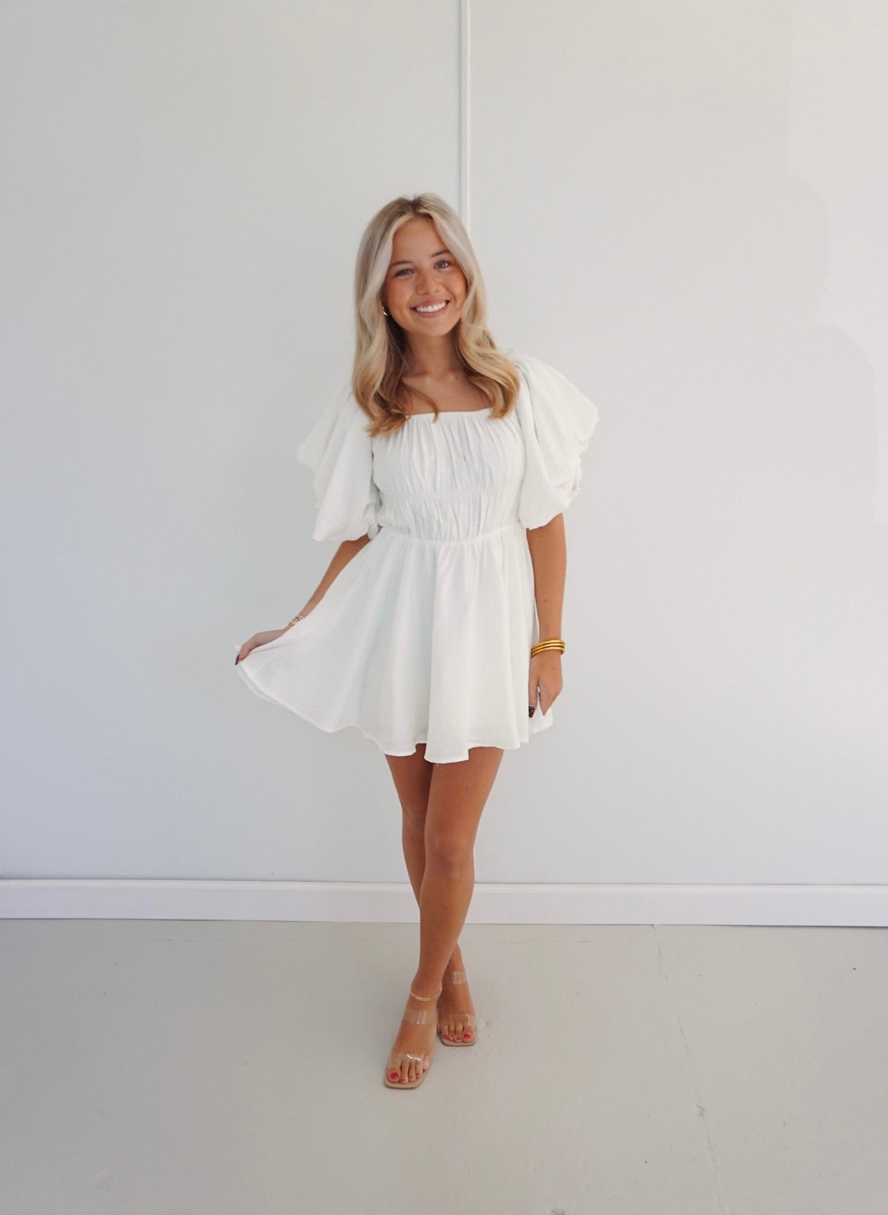 cocktail babydoll dress Cute Light Green Puff Sleeve Babydoll Dress