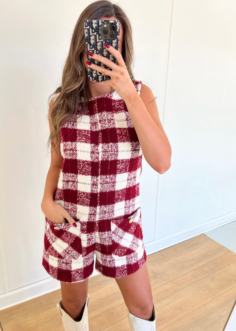Grace Tweed Romper - Burgundy