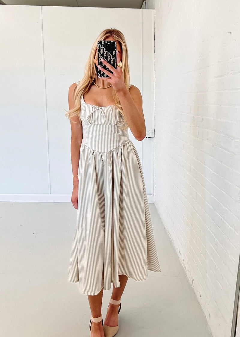 Khloe Striped Midi Dress - Beige/White