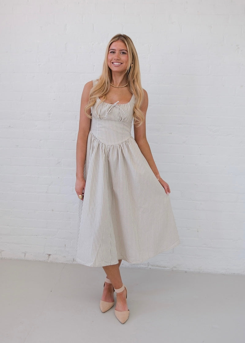 Khloe Striped Midi Dress - Beige/White