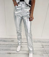 Metallic Leather Pants - Silver