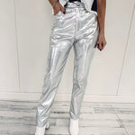 Metallic Leather Pants - Silver