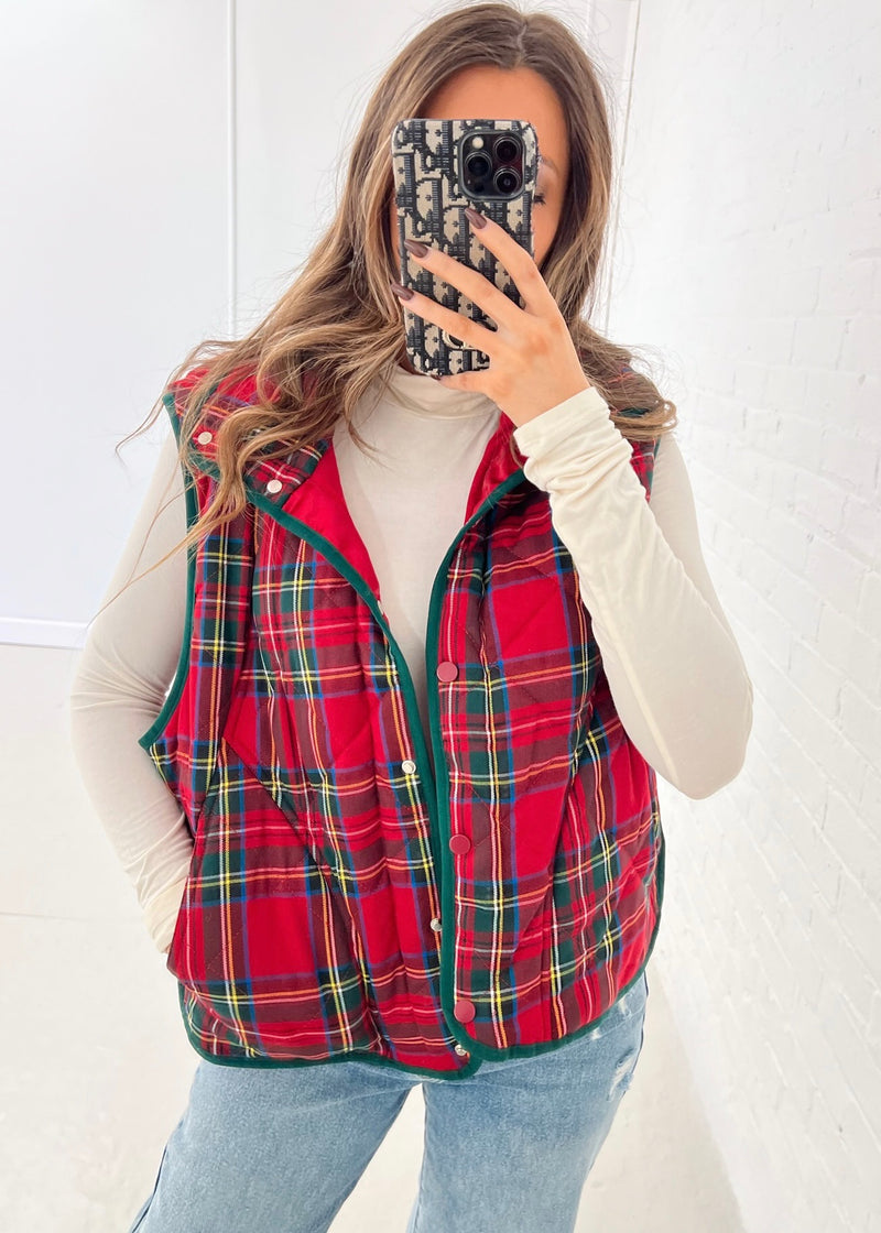 Carly Vintage Plaid Vest - Red