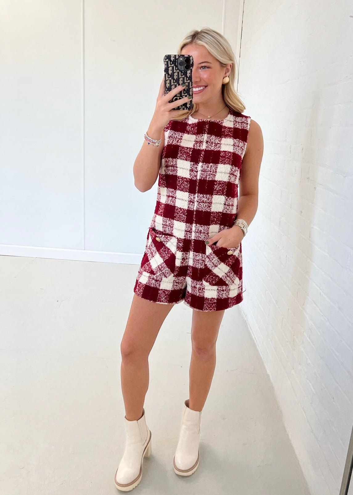 Grace Tweed Romper - Burgundy