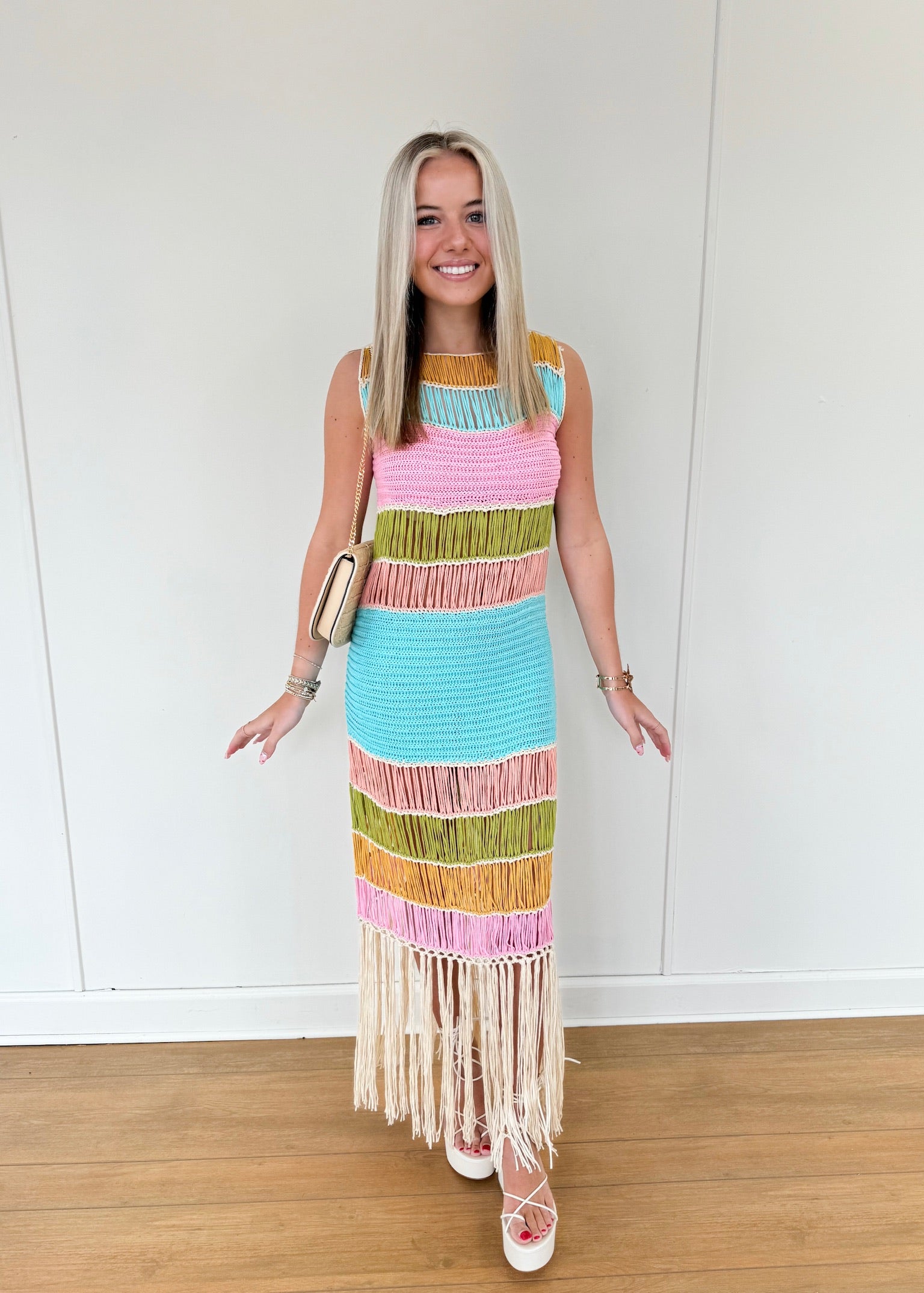 crochet fringe dress Celandine Crochet Fringe Midi Dress