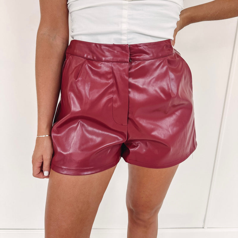 Kinsley Faux Leather Shorts - Burgundy