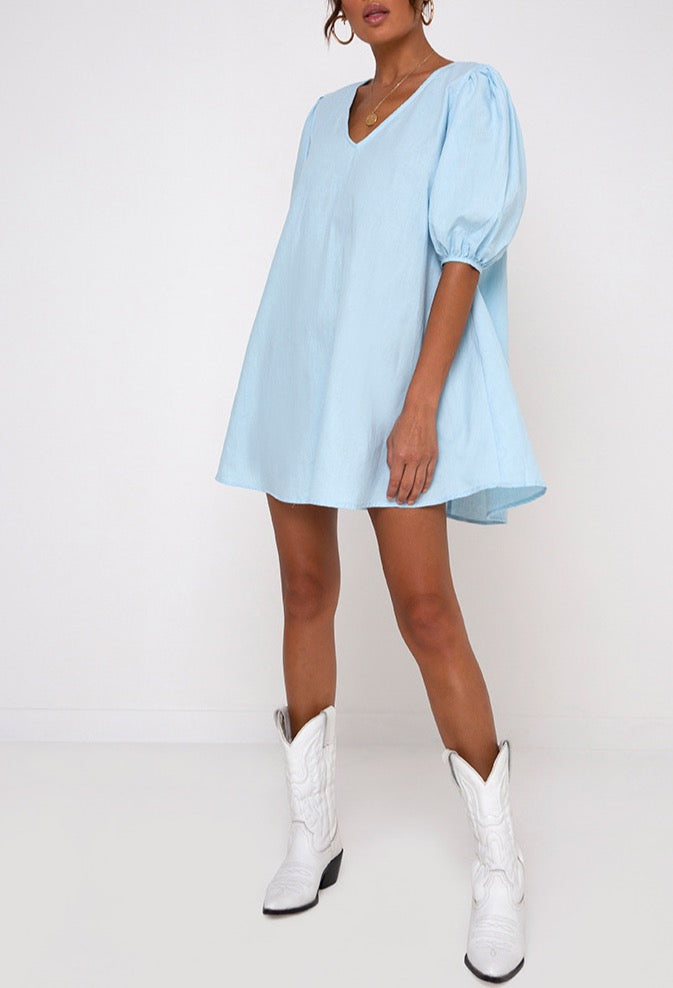 Motel Elna Babydoll Dress in Sky Blue