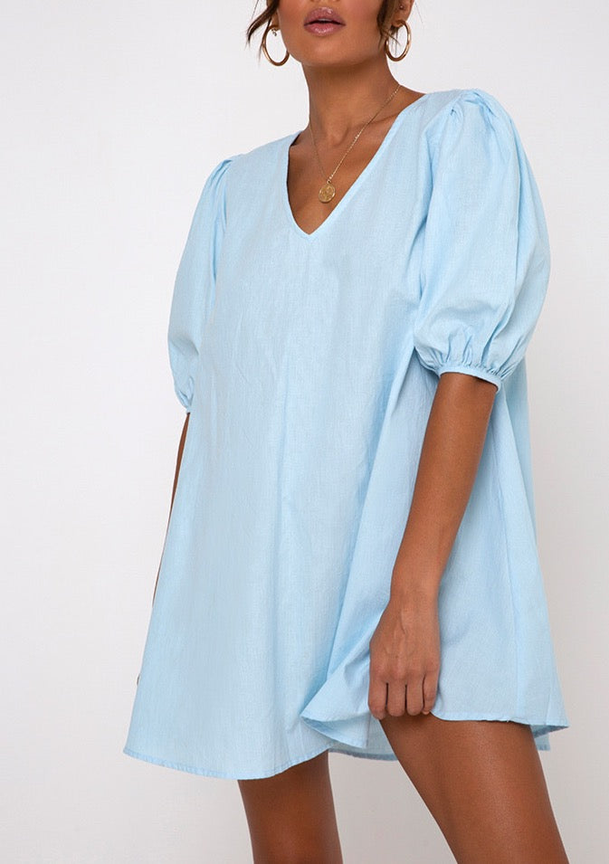 Motel Elna Babydoll Dress in Sky Blue