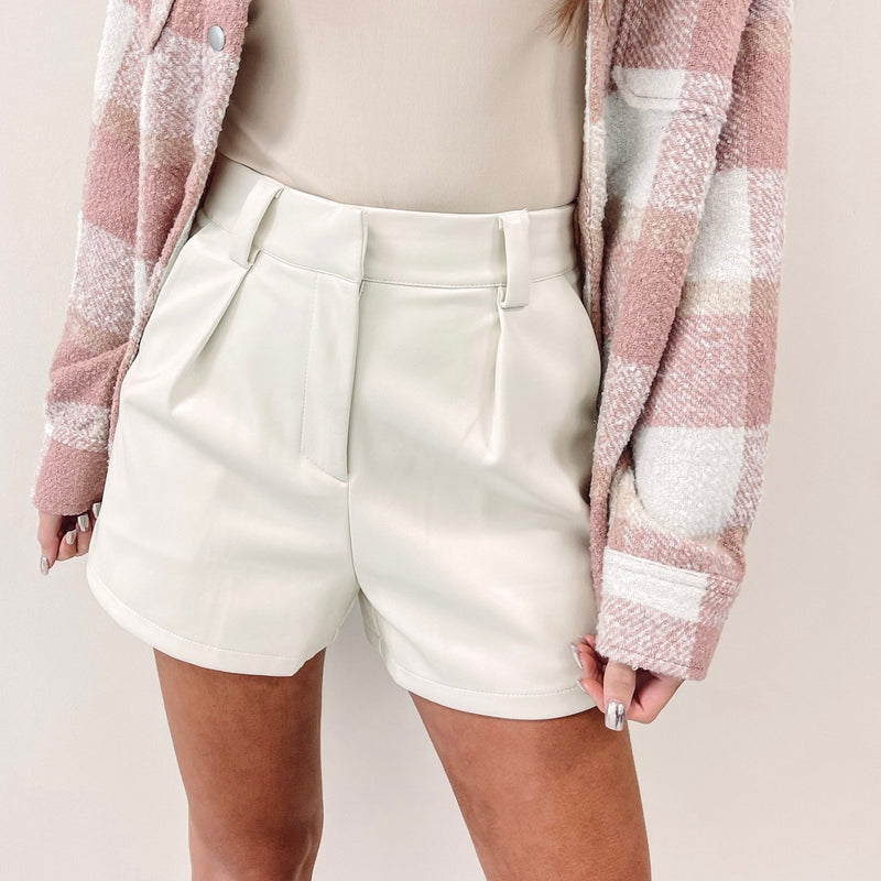 Cream Faux Leather Shorts