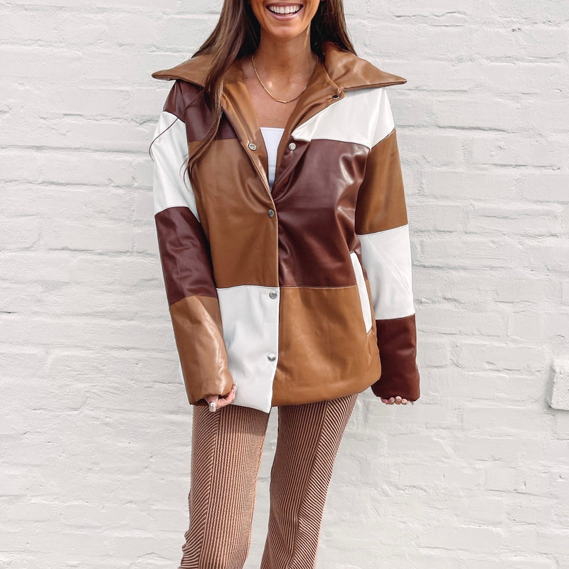 Color block Brown Puffer Jacket