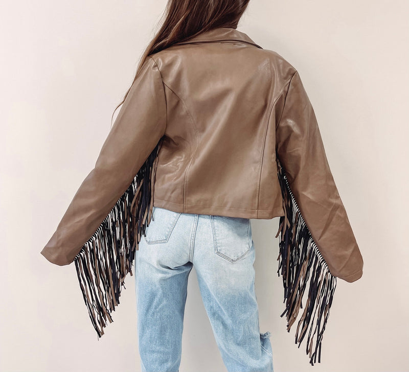 Brown Fringe Faux Leather Jacket