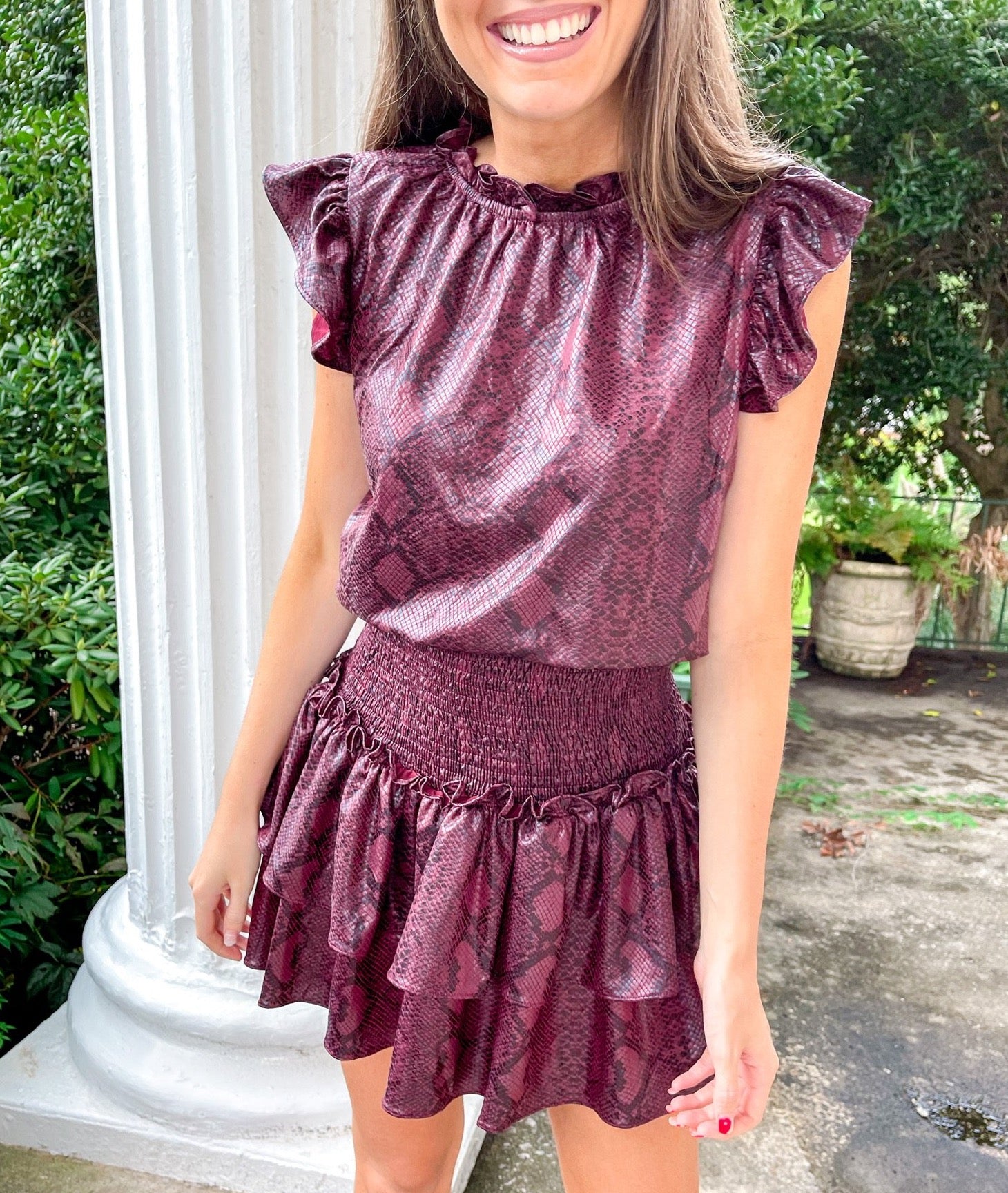 Snakeprint Smocked Dress - Burgundy Snakeprint Smocked Dress - Burgundy