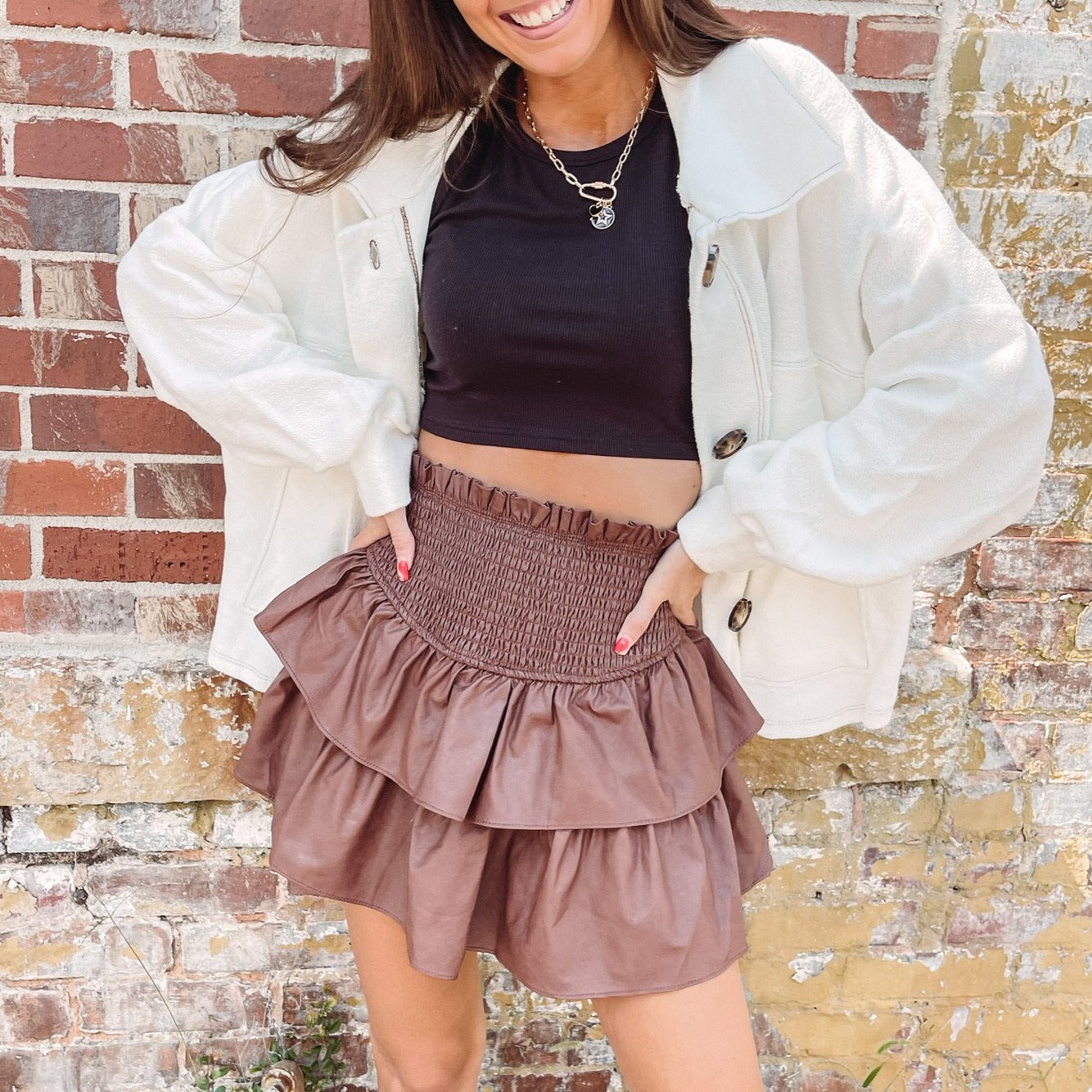 Faux Leather Smocked Skirt Brown