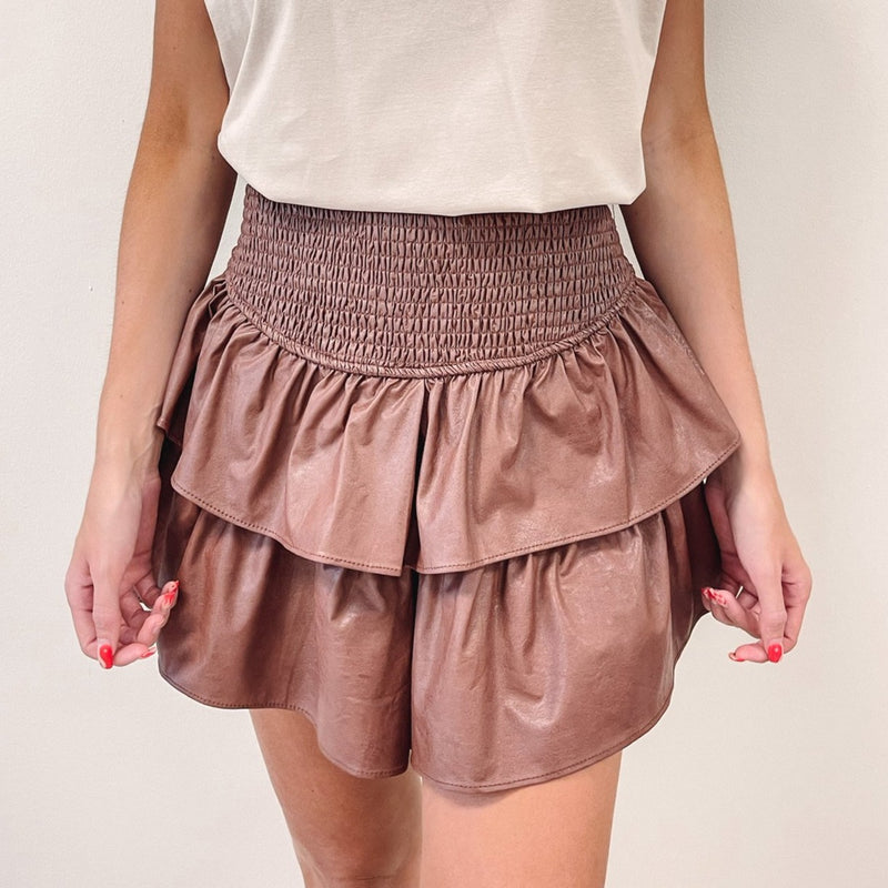 Smocked Leather Ruffle Mini Skirt Faux Leather Smocked Skirt