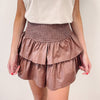Faux Leather Smocked Skirt - Brown