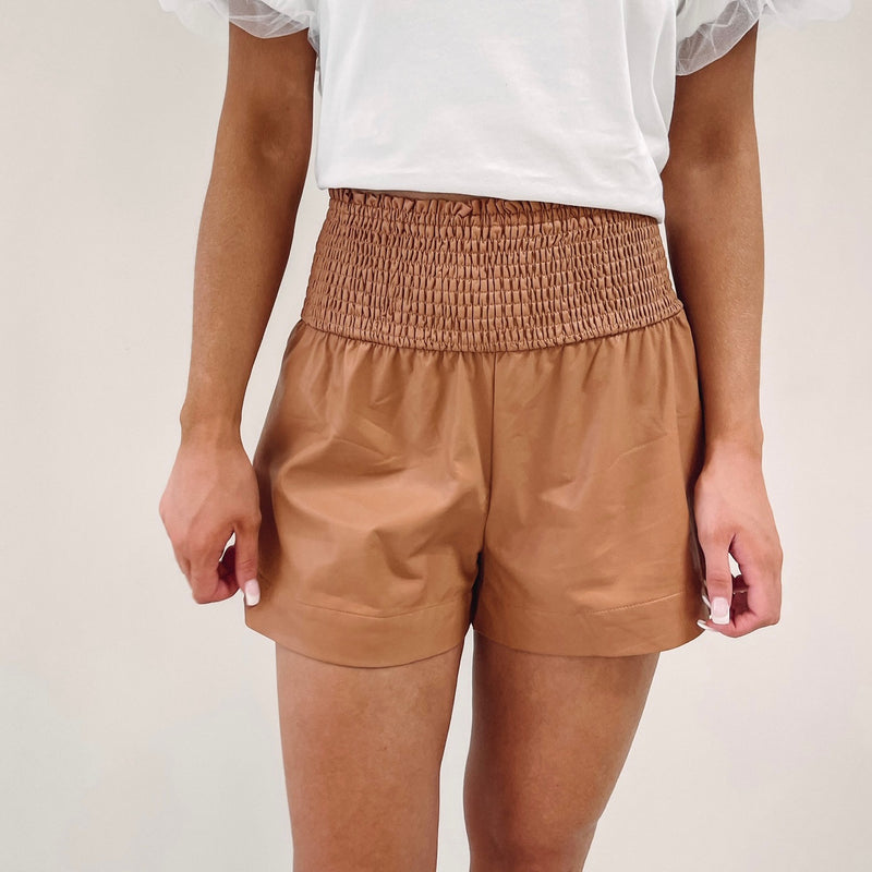Adair Smocked Leather Shorts - Brown