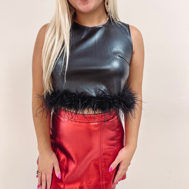 Black Leather Feather Trim Top