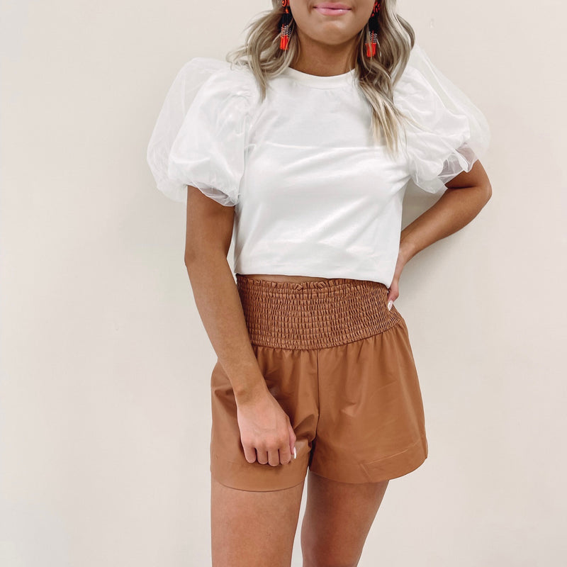 Adair Smocked Leather Shorts - Brown