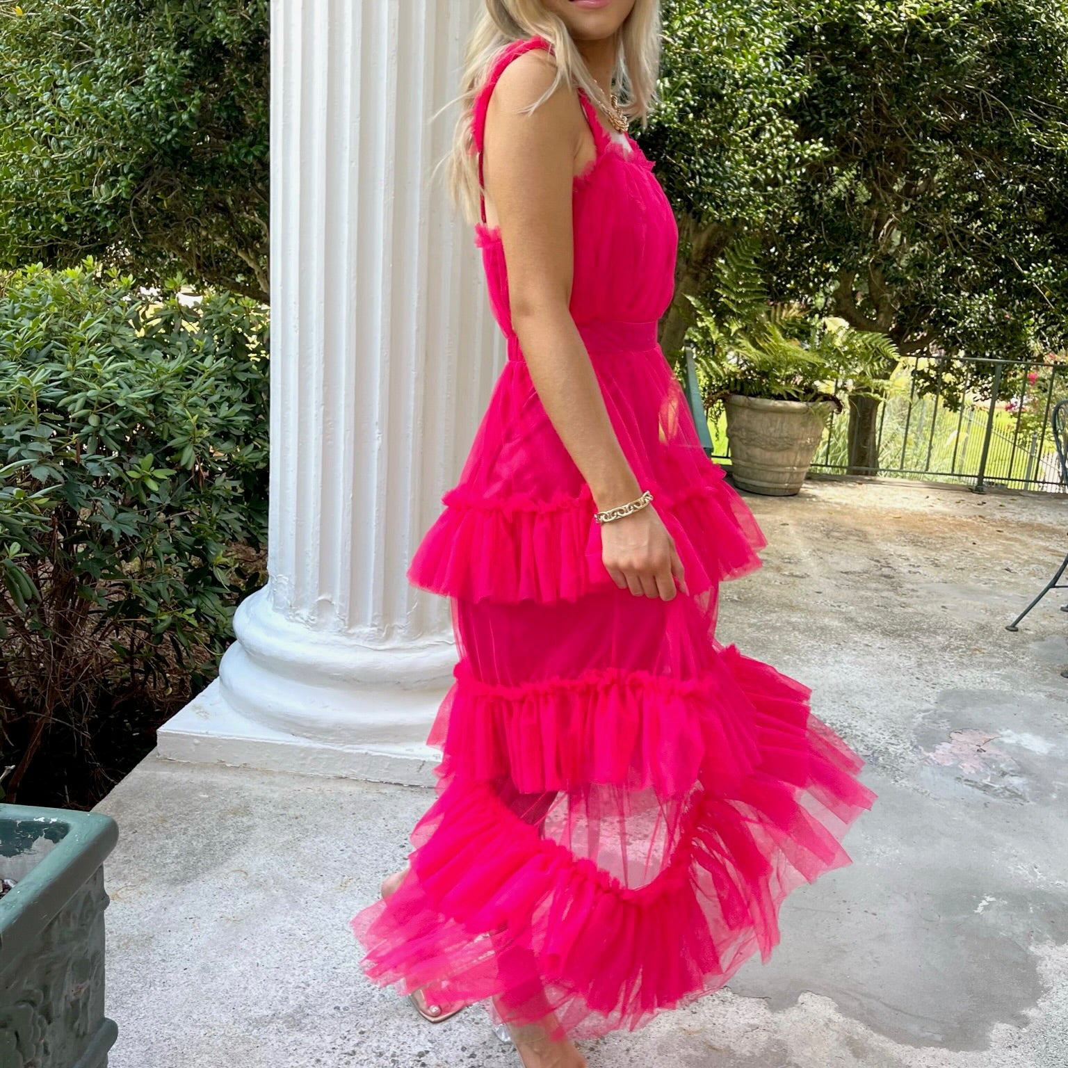 hot pink tiered tulle dress Hot Pink Tiered Tulle V-neck Dress