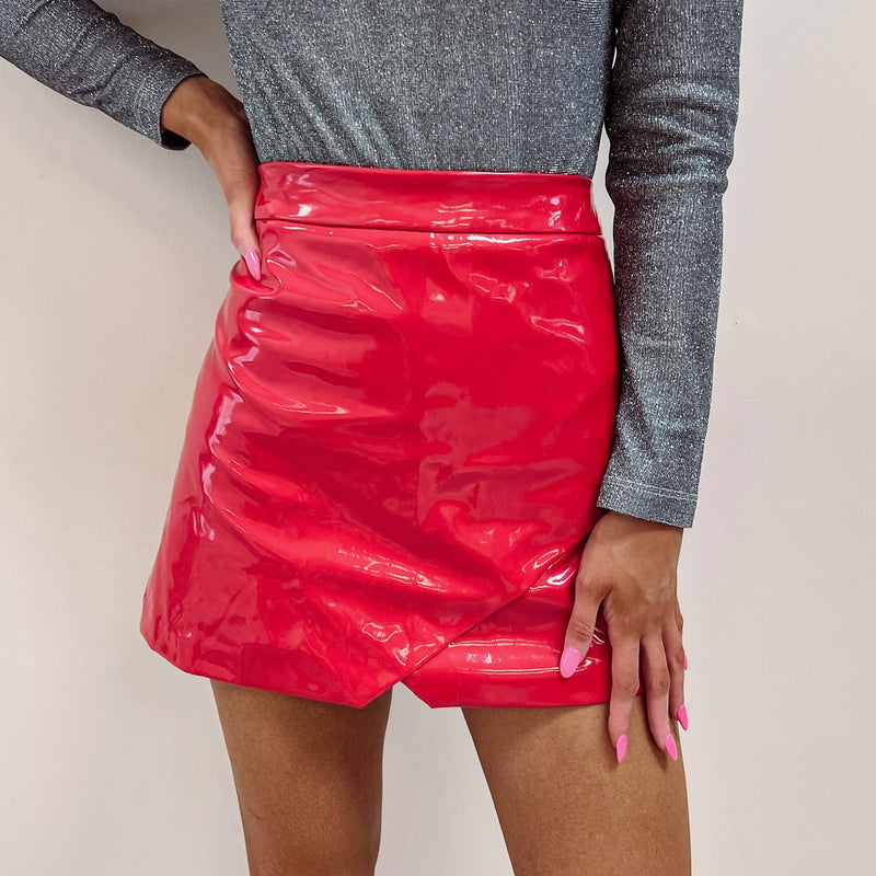 Red Liquid Leather Skirt