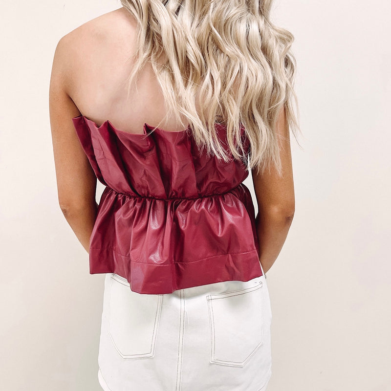 Ruched Faux Leather Top - Burgundy